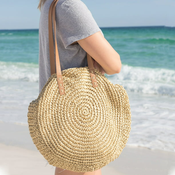 Womens Summer Beach Bags Satchel Adjustable Shoulder Leather Straps Circle Rattan Bag Handwoven Crossbody Small Handbag 